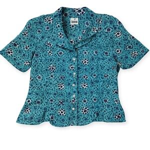 Leslie Fay Vintage Teal Floral Double-Collar Button Blouse | M/L Cottagecore